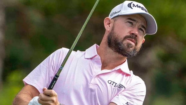 Brian Harman watches a shot at the 2023 Sentry Tournament of Champions at Kapalua, Hawaii.